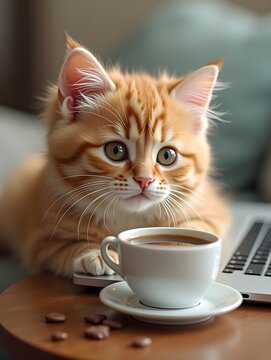 Adorable Cat Embracing the Digital Age with Laptop and Coffee