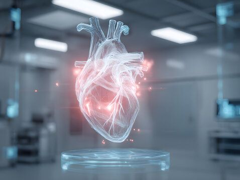 Transparent heart model on a platform in a futuristic medical research laboratory setting with red glow