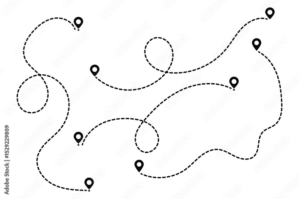 Aufkleber route icon set. two points with dotted path and location pin. location pointer continuous one line d