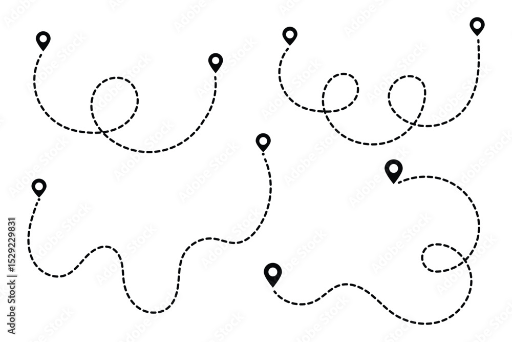 Aufkleber route icon set. two points with dotted path and location pin. location pointer continuous one line d