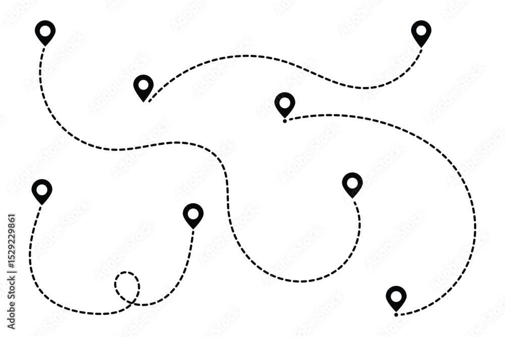 Poster route icon set. two points with dotted path and location pin. location pointer continuous one line d