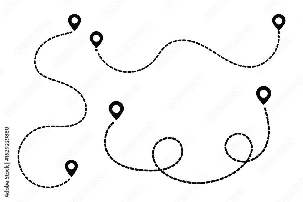 Poster route icon set. two points with dotted path and location pin. location pointer continuous one line d