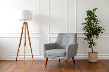 Stylish Grey Armchair in a Modern White Room with Wooden Tripod Lamp and Plant