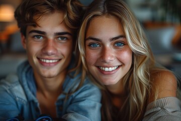 Fototapeta premium A heartwarming close-up of two cheerful teens sharing smiles, capturing the essence of friendship and joy, radiating youthful energy in a cozy indoor setting.