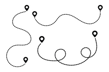 Route icon set. two points with dotted path and location pin. Location pointer continuous one line drawing. GPS navigation line route mark.