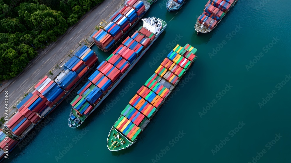Poster aerial view of container ships in a busy port. long_title:aerial birds-eye view of a harbor filled w
