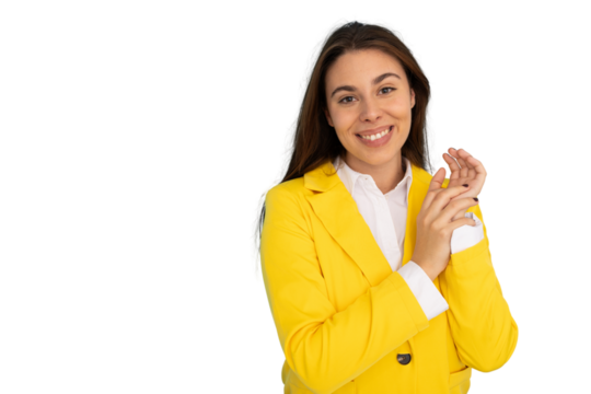 Smiling professional in bright yellow jacket clasping hands, showing eager anticipation against transparent backdrop