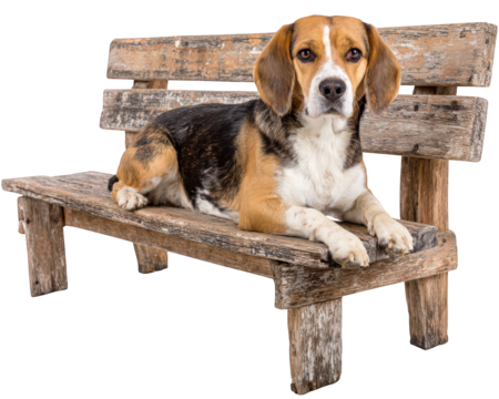 Beagle dog resting on rustic wooden bench, showcasing its playful yet calm demeanor. dog fur is mix of brown, black, and white, adding to its charm