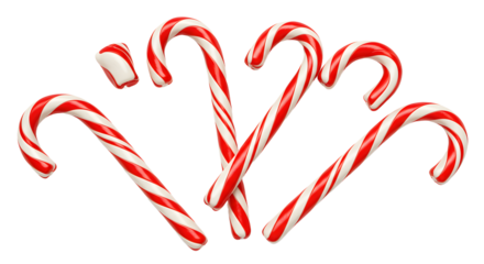 A festive arrangement of colorful candy canes with a traditional red and white swirl pattern, perfect for holiday decorations