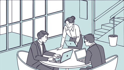 Team meeting in modern office space with three colleagues working on laptops at a round table area