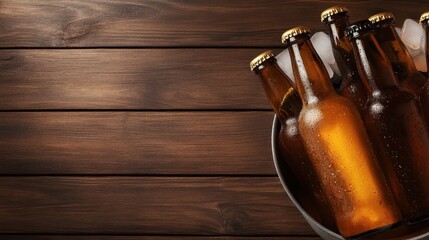 This image presents a close-up of chilled beer bottles filled with refreshing beverages, ideal for parties or relaxing gatherings with friends on a warm day.