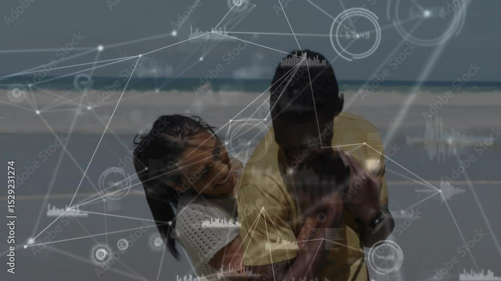 Aufkleber couple embracing on beach after smartphone glance activating data network overlay for visualization
