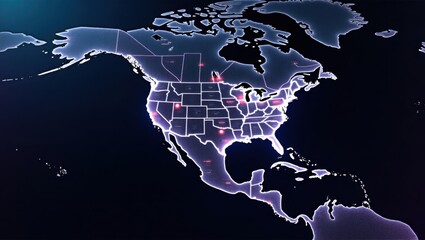 Mapa de América del Norte, regiones políticas, cartografía visual, diseño futurista