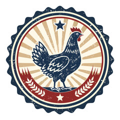 Design a retro-style chicken badge illustration with a worn, faded ink effect and distressed edges, evoking a vintage feel.