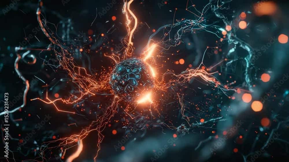 Aufkleber A glowing neural network or synapse with electric sparks and energy flows in a dark, abstract digital space.