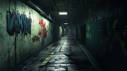 Graffiti-covered tunnel hallway.