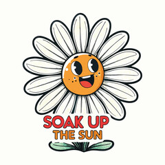 Design a retro-style illustration of a daisy flower face, smiling, with sunglasses, saying 