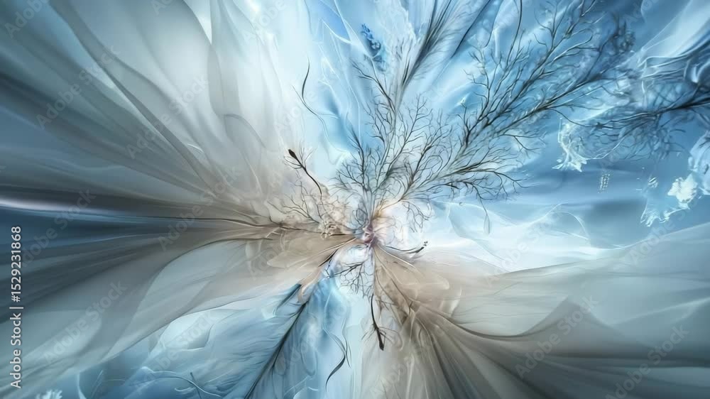Poster An abstract, ethereal blend of swirling blue patterns and delicate, tree-like branches radiating from the center.