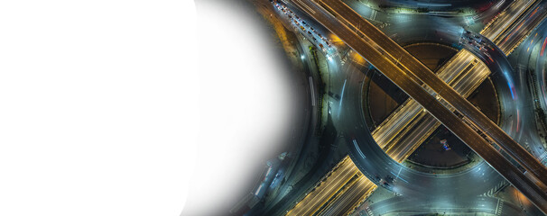 Expressway top view, Road traffic an important infrastructure, car traffic transportation above intersection road in city night, aerial view cityscape of advanced innovation, financial technology	