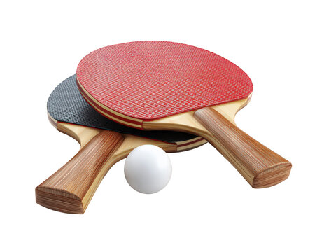 Table tennis paddles with red and black rubber surfaces are placed on transparency background alongside white ping pong ball, creating vibrant and dynamic sports scene - Powered by Adobe