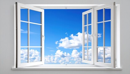 Open window framing a vibrant blue sky with soft billowing clouds