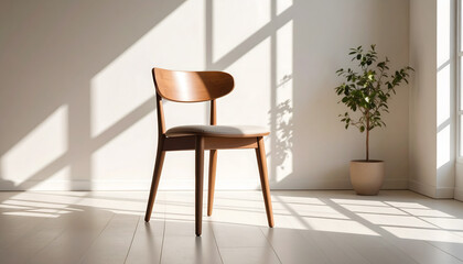 Fototapeta premium empty chair in minimalist room with sunlight casting geometric shadows on floor