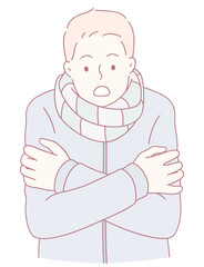 A young individual appears to be feeling quite cold, dressed in a scarf and hugging themselves tightly for warmth