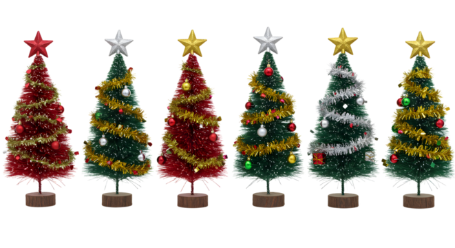 A festive display of five colorful Christmas trees adorned with ornaments and stars, set against a neutral background