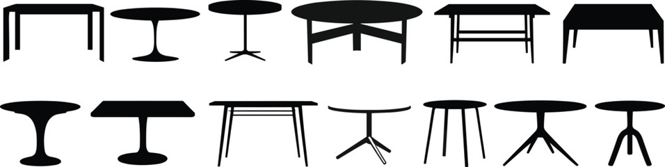 Silhouette table vector collection, modern and vintage table icons, furniture graphic set for design, dining