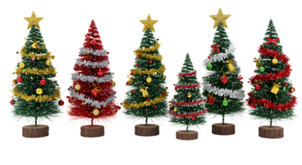 A festive display of five decorated Christmas trees in various sizes, showcasing colorful ornaments and tinsel, perfect for holiday themes