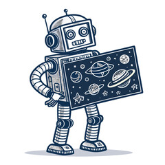 Create a retro-style robot mascot, cheerful and friendly, holding a space-themed sign, isolated on a white background.  Include vibrant colors.