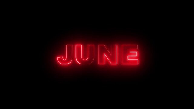 Abstract glowing text month june light neon black background. Word june neon glowing on a black background with reflections on a floor. Neon shine month name june text sign icon animation .