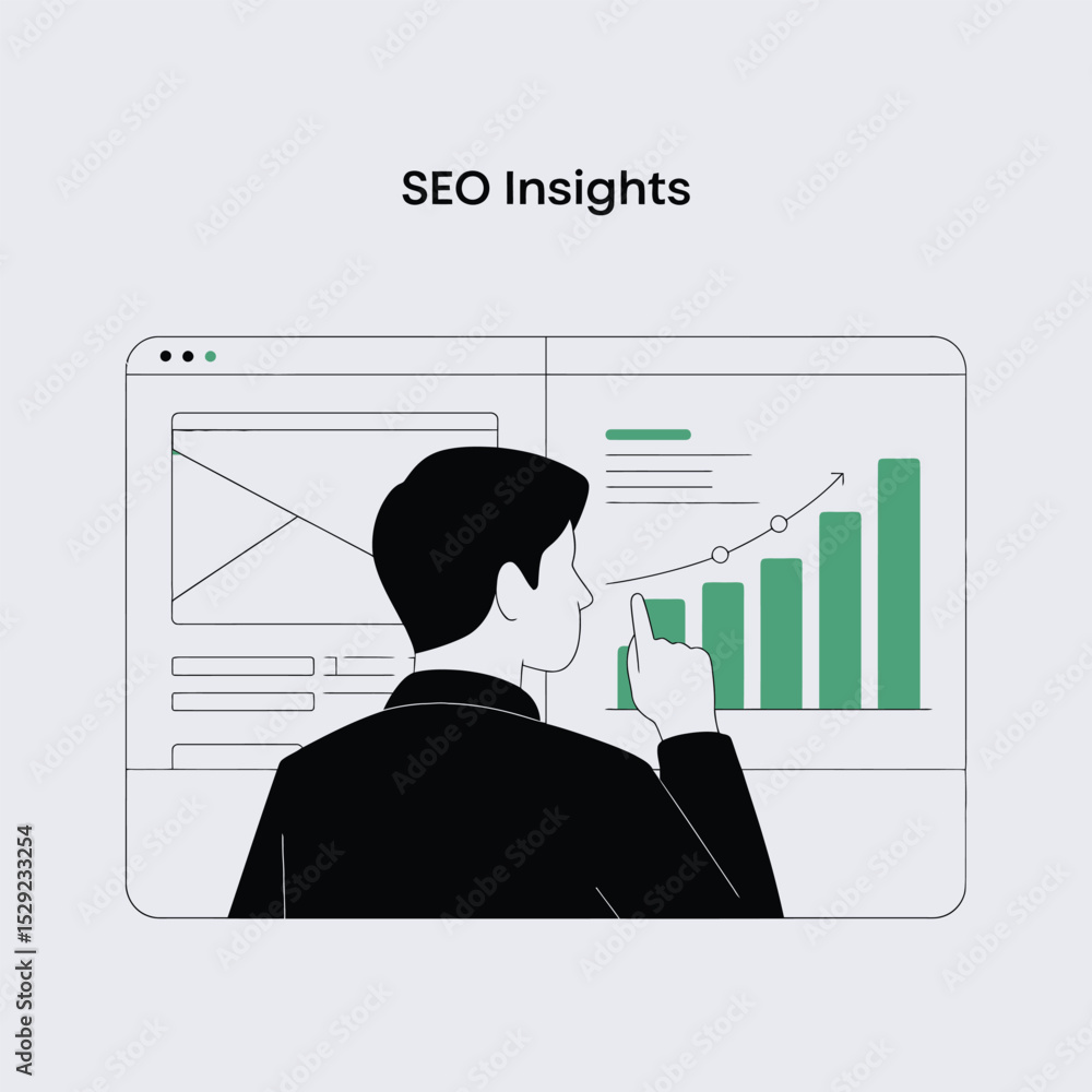 Poster businessman analyzing seo insights and website performance data on computer screen
