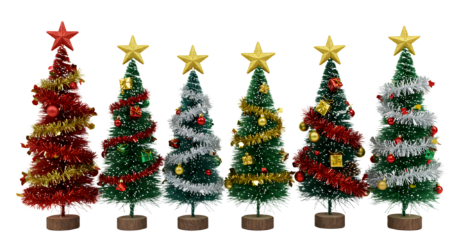 A festive display of five decorative Christmas trees adorned with ornaments and stars, set against a transparent background