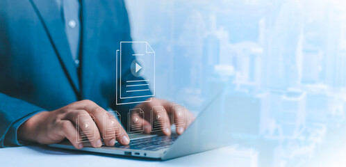 Businessmen watching the live streaming video Watch videos on the internet, live concerts, performances, or teachings. Stream on the internet online programs or lessons concept	
