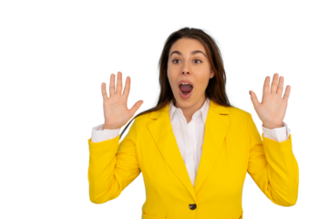 Professional businesswoman in yellow suit, white shirt, expressing surprise with raised hands and open mouth during studio photoshoot, transparent background