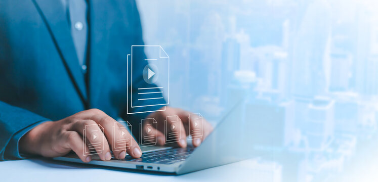 Businessmen watching the live streaming video Watch videos on the internet, live concerts, performances, or teachings. Stream on the internet online programs or lessons concept	
