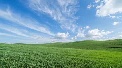 Vibrant green field gently rolling under a vast blue sky strewn with fluffy white clouds