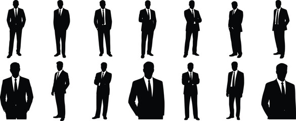 Silhouette collection of business men in formal suits standing in various confident poses, black vector illustration for corporate, leadership, professional and office design concepts