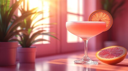 Refreshing Pink Citrus Cocktail in Sunlit Room
