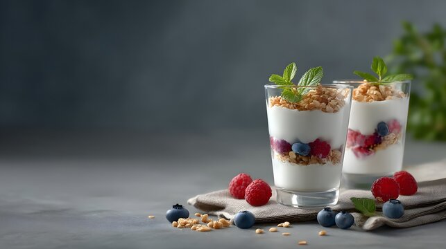 Delicious yogurt parfait with berries and granola in glass cups.