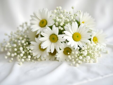 Bouquet of daisies and baby's breath resting on white cloth creates romantic atmosphere.