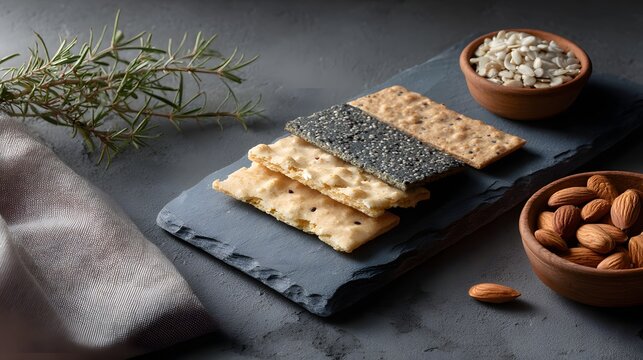 Artfully arranged crackers with nuts and herbs on a slate background.