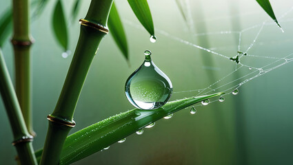A captivating dewdrop on bamboo leaf capturing nature's tranquility and freshness of the environment