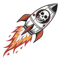 A skull-shaped rocket ship blasting off, fiery trails blazing behind it, detailed illustration.