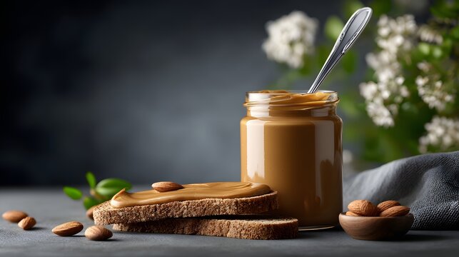 Delicious peanut butter jar with bread and nuts on a textured surface. - Powered by Adobe