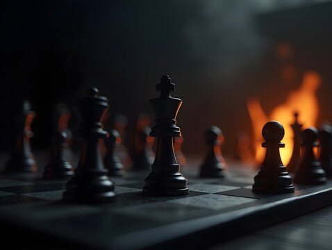 AI generated stylish black chess stands on a chessboard and a fire is burning around. Gloomy environment
