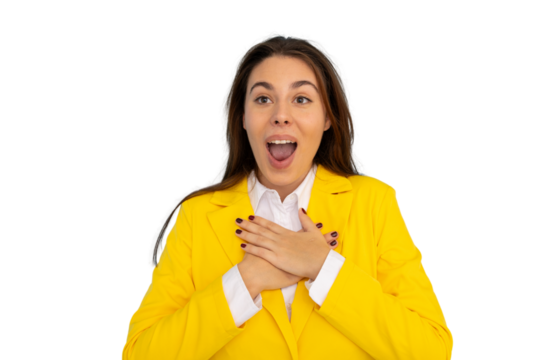 Surprised businesswoman covering mouth, reacting to unexpected positive information, standing against transparent backdrop