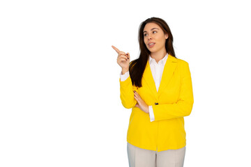 Professional woman pointing finger sideways, yellow jacket, isolated backdrop