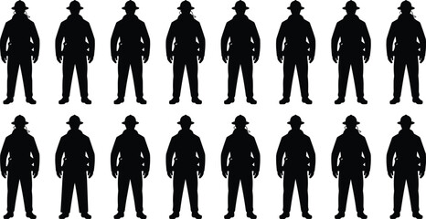 Silhouette firefighter figure collection, emergency worker clipart, fireman in uniform vector set, professional hero design